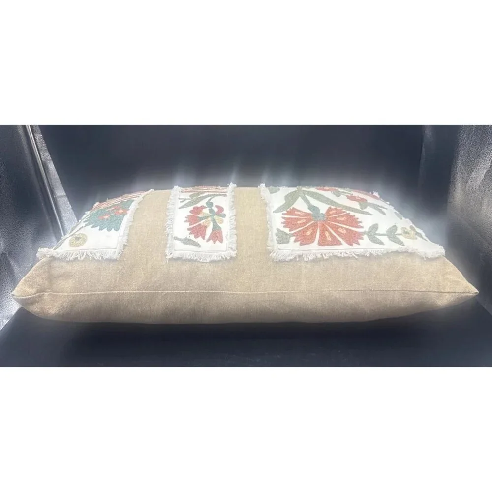 Shabby Chic Brand Tan w/ Colorful Embroidered Flowers Rectangular Pillow 25 X 16